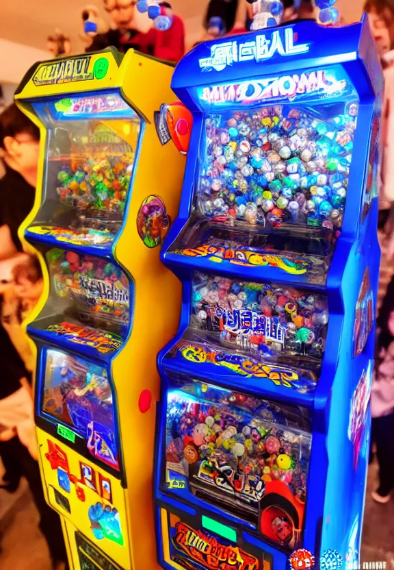 Image similar to cyberpunk gumball gashapon machine, filled with cute toys, in an arcade