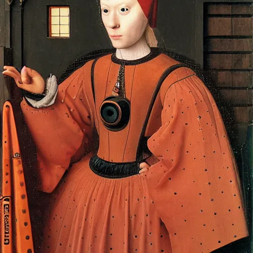 Image similar to a portrait of cyborg princess connected to a man-machine interface by Jan van Eyck, renaissance style