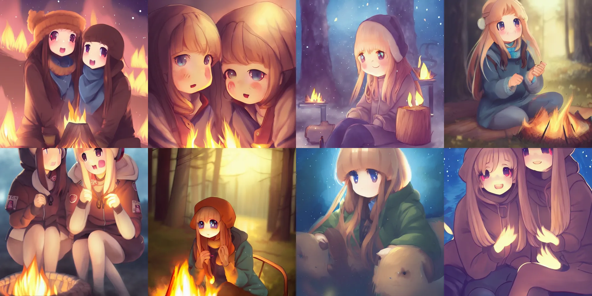 Prompt: cute girls with detailed blue eyes sitting around campfire at night, anime, full faces, fantastic details, trending on artstation, pixiv, yuru camp, moe, illustration, digital art, concept art, manga cover