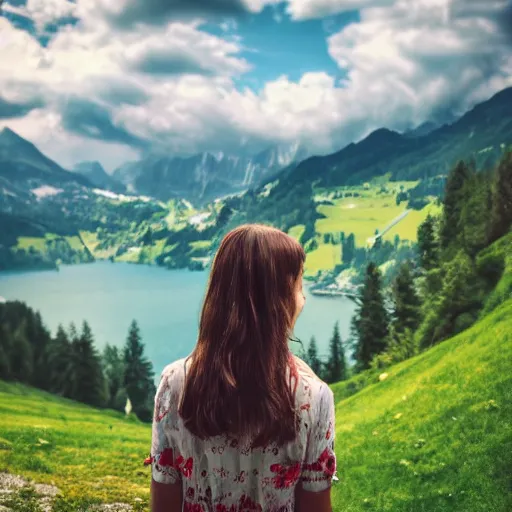 Image similar to a beautiful photograph of a girl with switzerland landscape in the background with trees, hdr, 8 k, high quality, sharp focus, artstation, highly detailed, award - winning, dramatic lighting, beautiful clouds, and nature