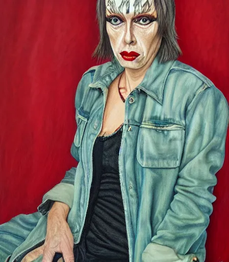 Image similar to a high quality, high detail, portrait of a drag queen by neil welliver, intense look in the eyes, moody, nostalgic