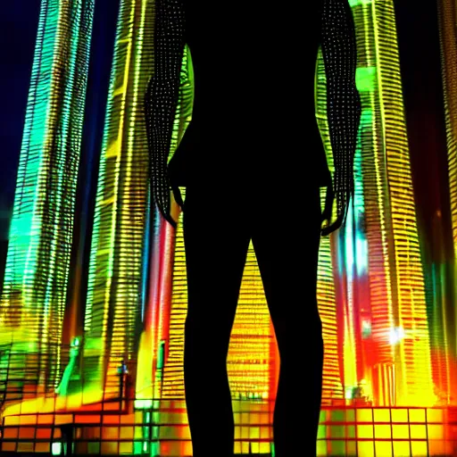 Prompt: one man silhouette standing in front of a cyberperunk city, neon lights, night, very beautiful, trending on deviantart, movie still, bokeh