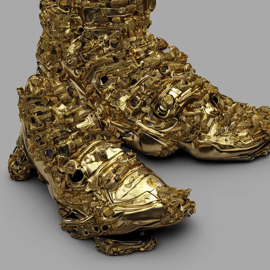 Image similar to futuristic balenciaga sneakers, nft art, highly detailed, hyper realistic, a ton of bussdown iced gold bling in wallace & gromit strata - cut claymation, ultra realistic, concept art, intricate details, serious, highly detailed, photorealistic, octane render, 8 k, unreal engine