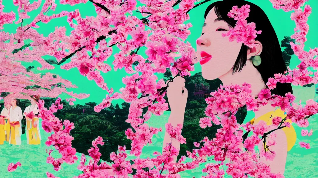 Image similar to close - up, of a woman in a small group of people flower viewing sakura picnic, japan, a collage painting, in the style of wes anderson, lola dupre, david hockney, isolated on negative white space background dark monochrome neon fluorescent spraypaint accents volumetric octane render