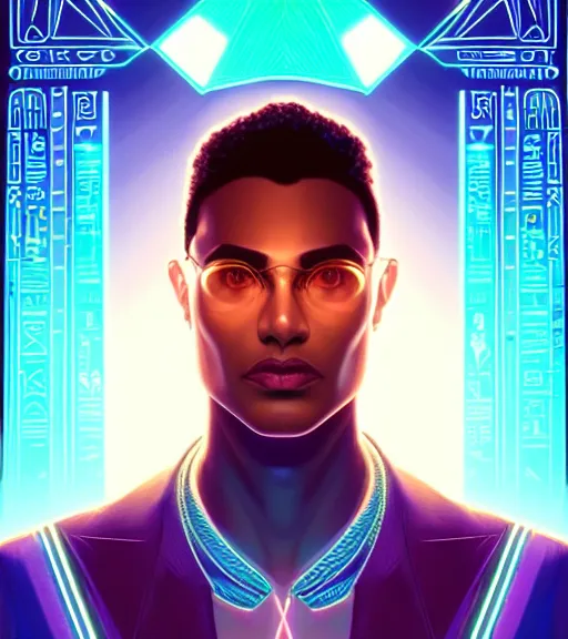 Image similar to symmetry!! egyptian prince of technology, solid cube of light, hard edges, product render retro - futuristic poster scifi, lasers and neon circuits, brown skin man egyptian prince, intricate, elegant, highly detailed, digital painting, artstation, concept art, smooth, sharp focus, illustration, dreamlike, art by artgerm