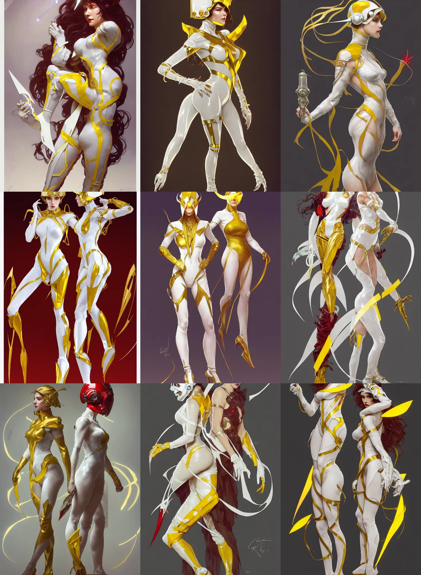 Prompt: a full body character design by artgerm, greg rutkowski and alphonse mucha. sci - fi dagger. white and yellow tape and red translucent plastic tape project show attctive showgirl!! sci - fi helmet!! sharp edges. contour light effect!!. ultra detailed, elegant, intricate, octane render.