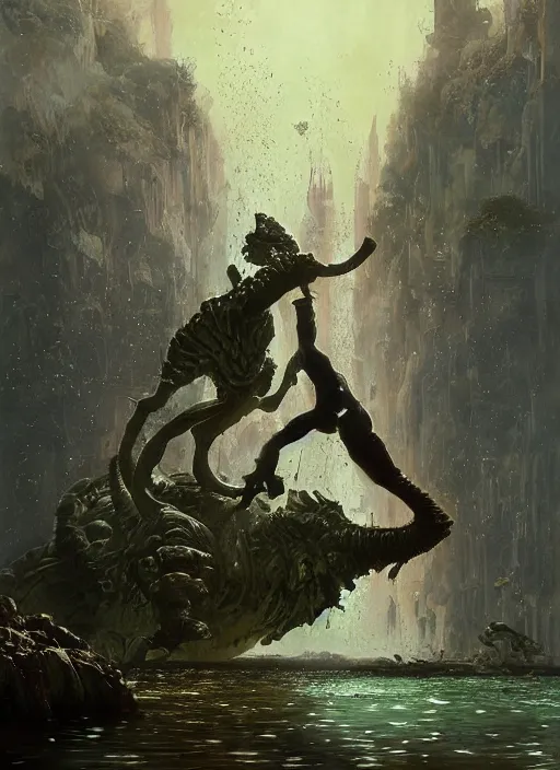 Image similar to huge towering alien brute beautiful demon emerging from lake on sunny day, splashing, partially submerged, water cascading, by sergey kolesov and lawrence alma tadema and norman rockwell and greg staples and craig mullins and john berkey and ruan jia, artstation creature art