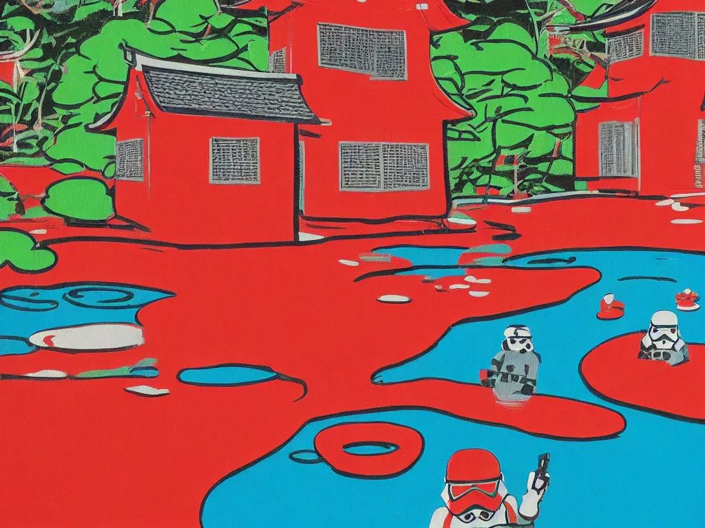 Image similar to close - up image of a japanese red house with a pond, with stormtroopers sitting around it, pop - art style, the style of andy warhol, roy lichtenstein and jackie tsai, bright and saturated palette, acrylic on canvas