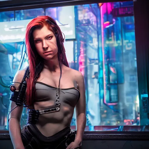 Image similar to high quality portrait of Kerrigan from starcraft in a cyberpunk cyberpunk cyberpunk cafe, realism, 8k, award winning photo