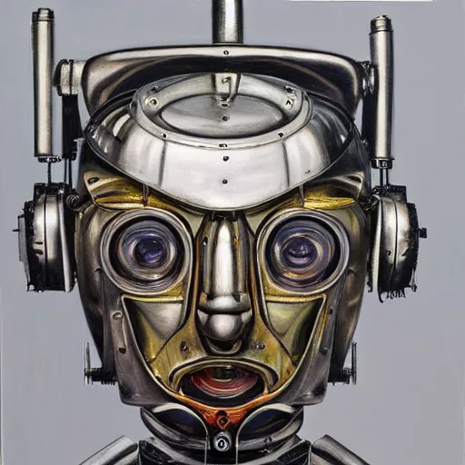 Image similar to high quality high detail painting by lucian freud, hd, portrait of futuristic highly detailed symmetrical robot, photorealistic lighting