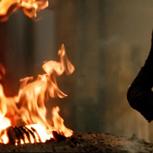 Prompt: cinematic still of John Wick burning a pile of CDs in John Wick (2009). shallow depth of field, cinematic