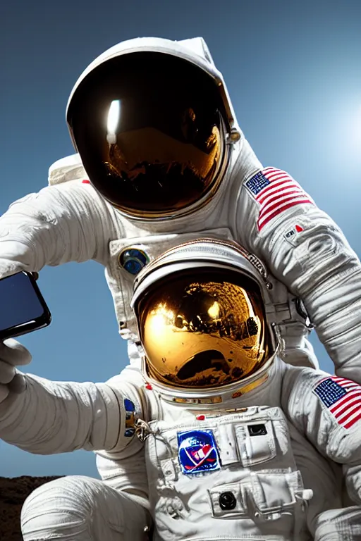 Image similar to extremely detailed studio portrait of space astronaut taking a selfie, holds a smart phone in one hand, phone!! held up to visor, reflection of phone in visor, moon, extreme close shot, soft light, golden glow, award winning photo by jimmy nelson