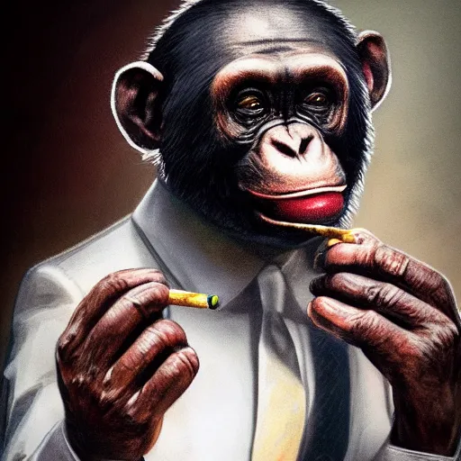 Image similar to a high detail photo of an antropomorphic chimp wearing a suit smoking a cigarrette, subject= chimp, subject detail: wearing a suit, subject action: smoking a cigar, photorealism, dramatic lighting, award winning photograph, trending on artstation