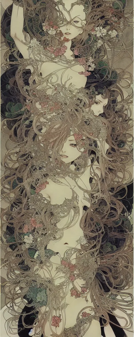 Image similar to yoshitaka amano anime painting, intricate line drawings, pen and ink, alphonse mucha, claire wendling, kentaro miura, ruan jia