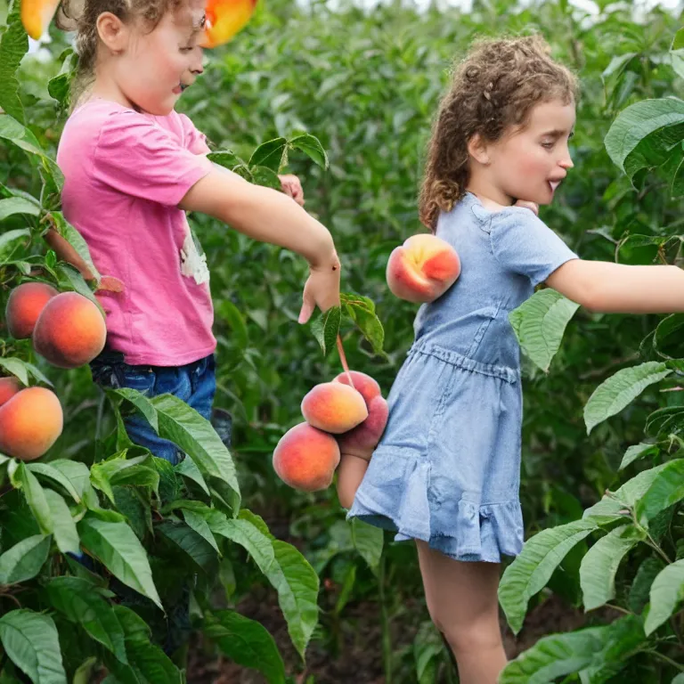 Image similar to a little girl picking peaches on another planet