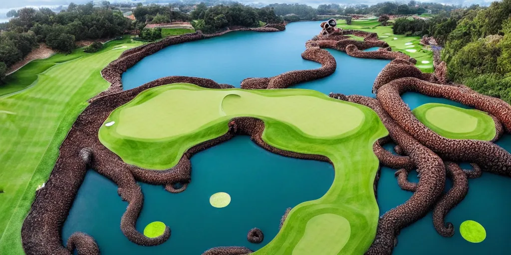 Image similar to a great photograph of the most amazing golf hole in the world, surrounded by water, giant octopus, ambient light, golf digest, top 1 0 0, fog