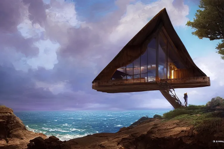 Image similar to lovely a - frame home sits atop a broad cliff | overlooking the entirety of the blue sky | digital painting by greg rutkowski and gaston bussiere | zbrush | cgsociety contest winner | comprehensive art | intricate | landscape photography | brightly radiant atmosphere | overcast sky | homogeneous to hawaii | 4 k | 8 k