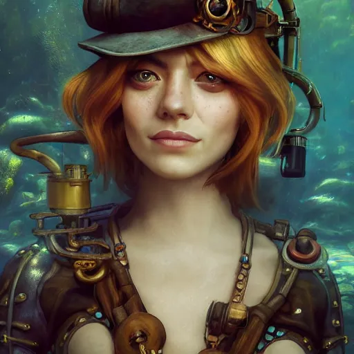 Image similar to underwater steampunk pirate portrait of emma stone, hyper detailed, digital art, trending in artstation, cinematic lighting, studio quality, smooth render, unreal engine 5 rendered, octane rendered, art style by klimt and nixeu and ian sprigger and wlop and krenz cushart.