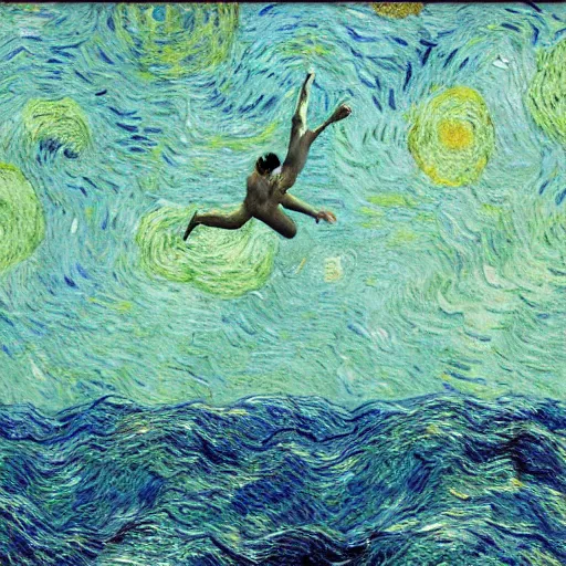 Image similar to Tom Cruise swimming in the sea by Van Gogh