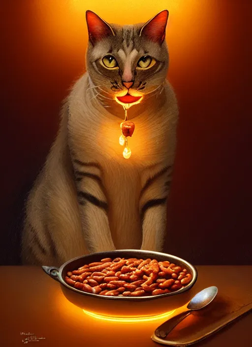Image similar to portrait of a confused cat eating baked beans, intricate, elegant, glowing lights, highly detailed, digital painting, artstation, concept art, smooth, sharp focus, illustration, art by wlop, mars ravelo and greg rutkowski