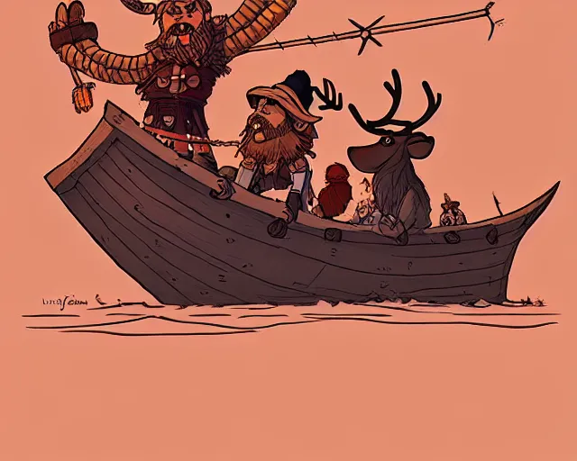 Prompt: cell shaded cartoon of a hairy chebo viking boarding a ship, a reindeer stands in the distance, subtle colors, post grunge, concept art by josan gonzales and wlop, by james jean, victo ngai, david rubin, mike mignola, deviantart, art by artgem