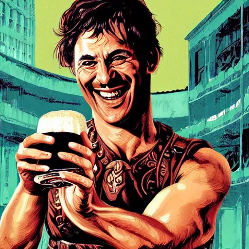 Prompt: a happy roman gladiator holding beer glass. gladiator. smiling. art by martin ansin, martin ansin artwork. portrait.