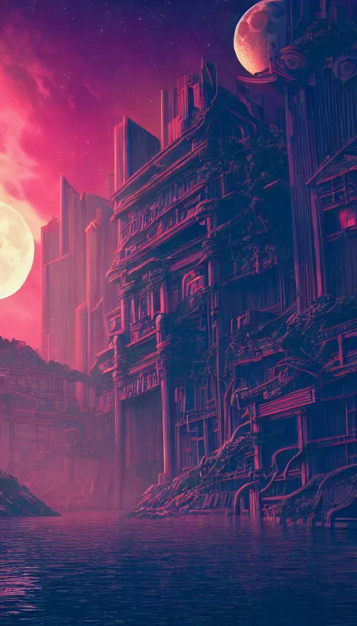 Image similar to reclaimed by nature by moon hoon, darkacademia atlantis cosmic san andreas at dawn neon signs tokyo synthwave universe, archdaily, wallpaper, highly detailed, trending on artstation.