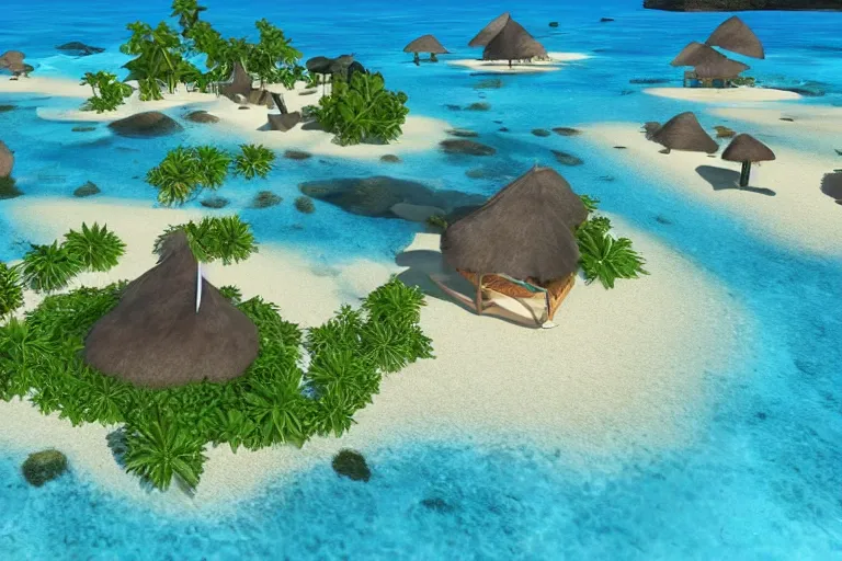 Image similar to A 90\'s 3D desert island paradise, crystal clear sea, screenshot