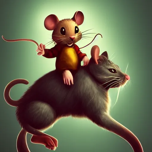 Prompt: a heroic mouse, riding on the back of a cat, illustration, trending on artstation
