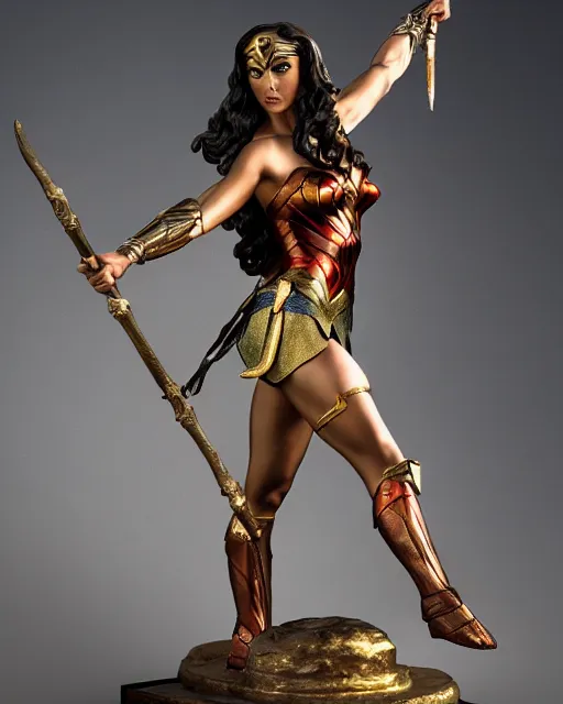 Prompt: a beautiful bronze statue of wonder woman, holding her spear and shield versus the minotaur, photorealistic, atmospheric