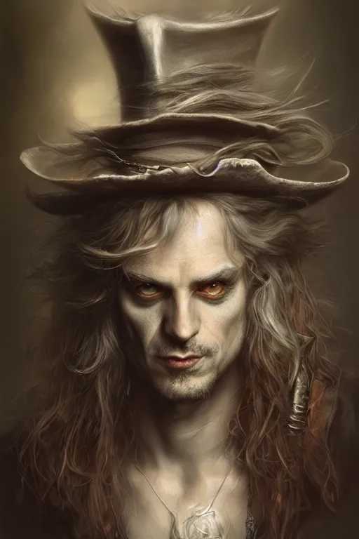 Image similar to mad hatter, portrait of a man, by wlop, by luis royo, by peter mohrbacher, concept art, digital illustration, intricate, masterpiece, elegant, super detailed, unreal engine rendering, smooth, sharp focus, artstation hq