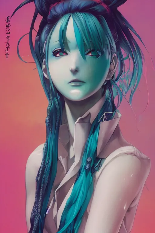 Image similar to portrait of an anime manga girl with teal and white dreads, straight on portrait, by artgerm, james jean, tom bagshaw, gerald brom, vaporwave colors, lofi colors, vaporwave, lofi, goth vibe, 4 k, smooth, hd, substance designer render, full body character concept art, symmetrical, perfect face, detailed face,