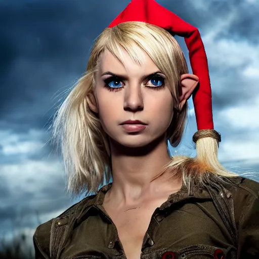 Image similar to close up headshot of a skinny female high-fantasy elf with a long face narrow chin and spiky blonde hair wearing dark brown overalls and holding a bomb next to a destroyed car, gel spiked blond hair, small ears, narrow lips, high resolution film still, HDR color