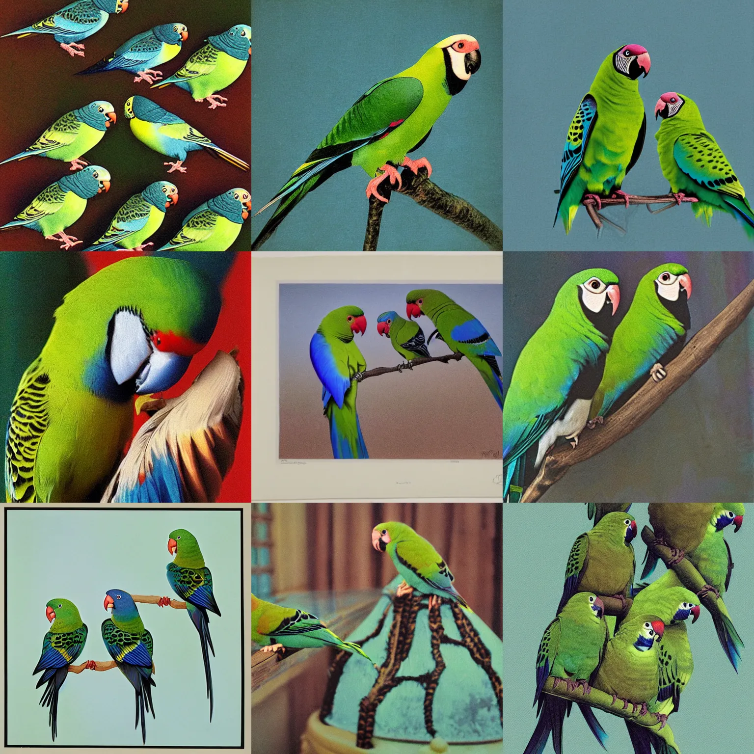 Prompt: colored photograph from the 80s of parakeets, photorealistic