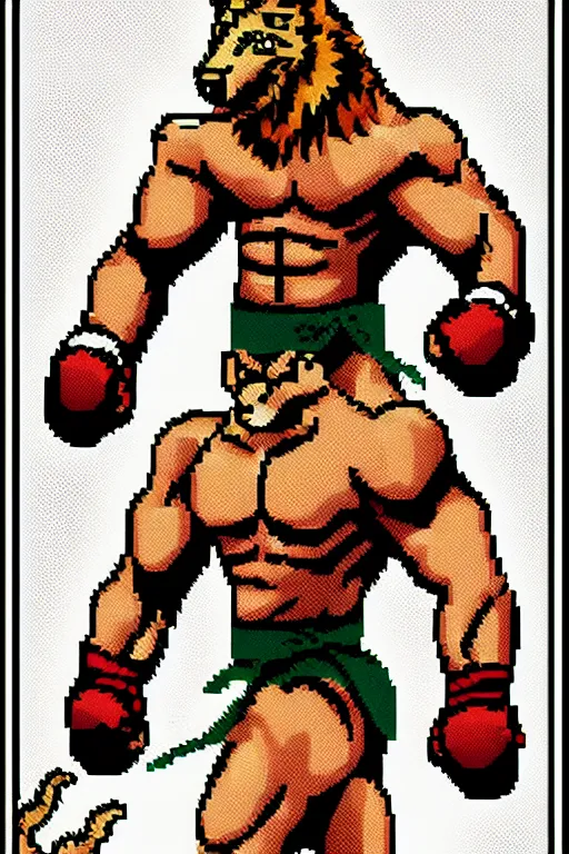 Prompt: extreme long shot. 8 bit nes graphics. antropomorphic muscular masculine wolf. kickboxer fighter, in shorts. wolf head. furr on body. like game contra.