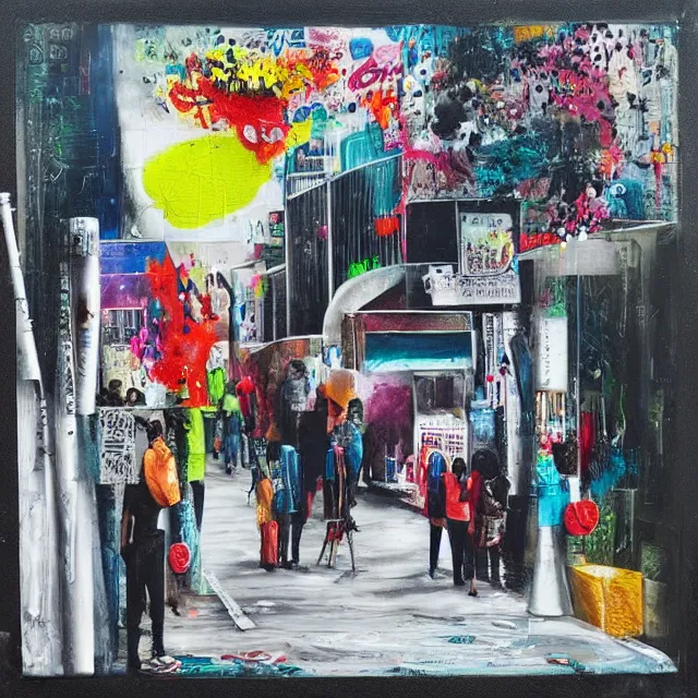 Image similar to “ a busy sidewalk in nairobi, pharmacy, street hawkers, medical supplies, pills and medicine, ikebana, herbs, a candle dripping white wax, squashed berries, berry juice drips, acrylic and spray paint and oilstick on canvas, surrealism, neoexpressionism ”