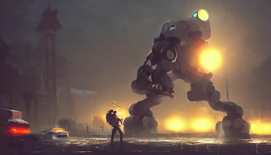 Image similar to a giant robot fighting a giant stone golem in rain, helicopters spotlight, sharp focus, james gilleard, cinematic, game art, extremely detailed digital painting, print