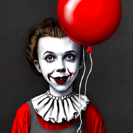 Image similar to surrealism grunge cartoon portrait sketch of millie bobbie brown with a wide smile and a red balloon by - michael karcz, loony toons style, pennywise style, horror theme, detailed, elegant, intricate