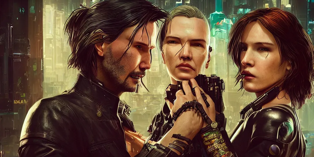 Image similar to a cyberpunk 2077 srcreenshot couple portrait of Keanu Reeves and V final kiss,love,film lighting,by Laurie Greasley,Lawrence Alma-Tadema,Andrei Riabovitchev,Dan Mumford,John Wick,Speed,Replicas,artstation,deviantart,FAN ART,full of color,Digital painting,face enhance,highly detailed,8K,octane,golden ratio,cinematic lighting