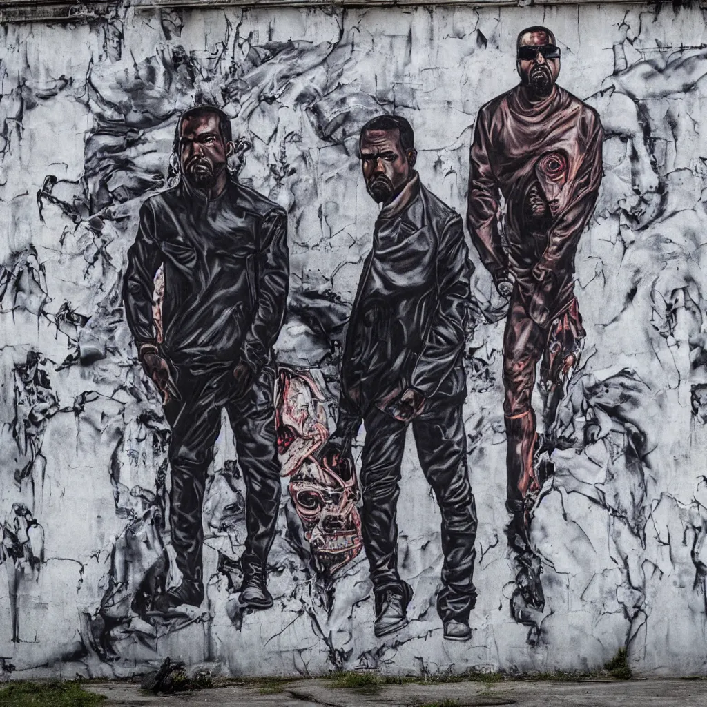 Image similar to kanye west as the terminator, street art, abandoned factory