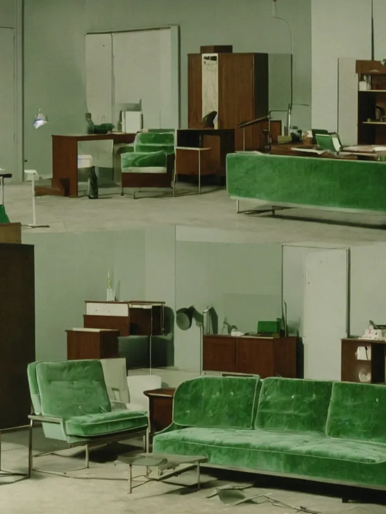 Image similar to a still of severance series indoor 7 0 s green velvet and wood with metal furniture office scenario appearing in a film of jacques tati