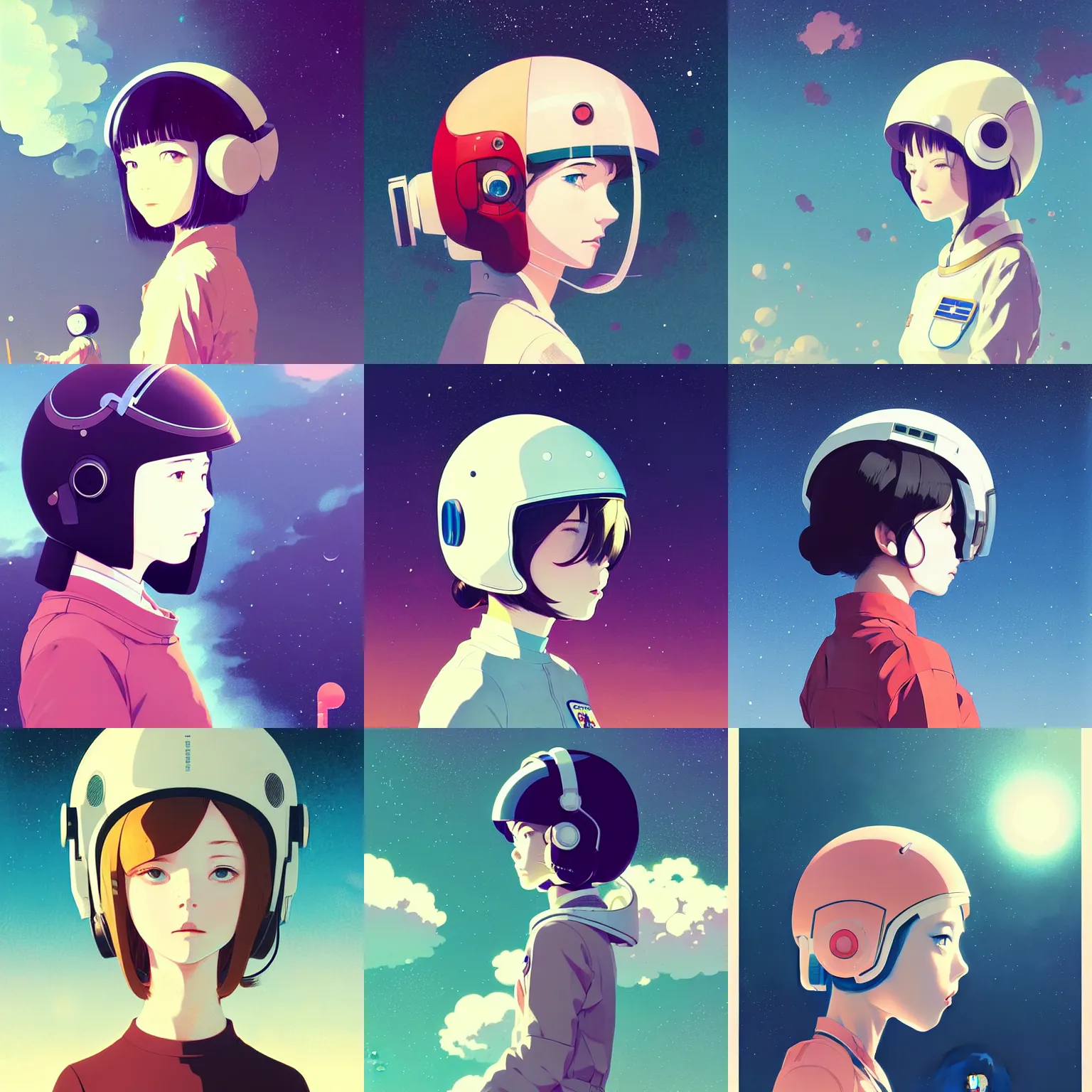 Prompt: portrait of a girl with astronaut helmets by ilya kuvshinov, cloudy sky background lush landscape ln illustration concept art anime key visual trending pixiv by victo ngai fanbox by greg rutkowski makoto shinkai takashi takeuchi studio ghibli