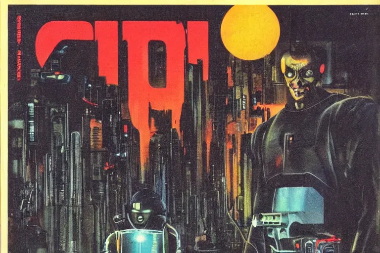 Image similar to 1979 OMNI Magazine Cover depicting a creepy angry imposing Android. Cyberpunk Akira style by Vincent Di Fate