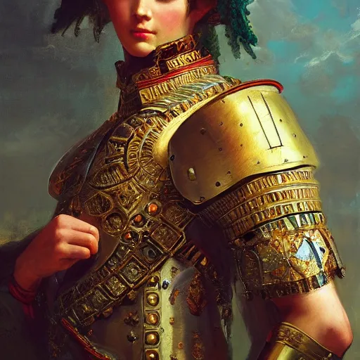 Prompt: portrait of an ancient roman character in incredible rich ornate armor, by ilya kuvshinov, by thomas lawrence, by bayard wu, trending on artstation, emerald, masterpiece