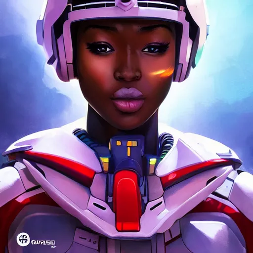 Image similar to portrait cartoon manga anime render of a strikingly gorgeous nigerian 👩🏿, wearing an intricate gundam pilot helmet, rossdraws, artgerm, norman rockwell, emiliano ponzi, epic composition, hd, octane, unreal engine, volumetric lighting, light rays, masterpiece, award - winning