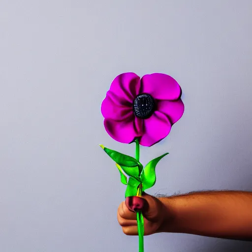 Image similar to A hand with too many fingers holding a plastic flower with a long stem, award-winning photo, DSLR color