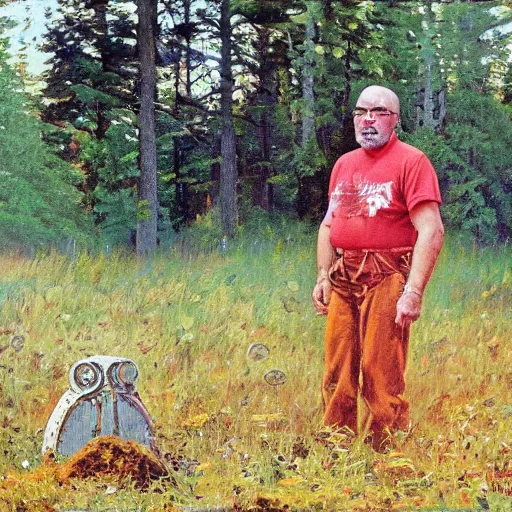 Prompt: Gary Gygax in earflaps stands in the middle of the field, Rye (Shishkin), painting by Ivan Shishkin, Ernest Gary Gygax face, photo by Gary Gygax, painting by Valentin Serov, oil painting