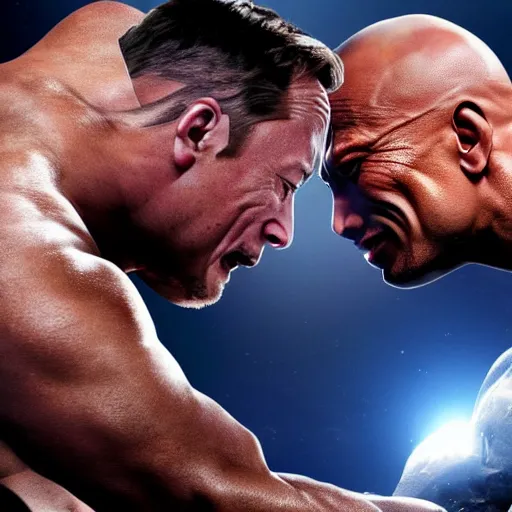 Image similar to Photograph of Elon Musk fighting Dwayne Johnson. Extremely detailed. 4K.