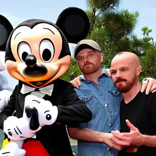 Prompt: walter white and jesse pinkman doing a selfie with mickey mouse, realistic