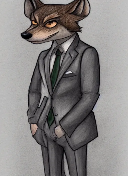 Prompt: master furry artist colored pencil drawing full body portrait character study of the anthro male anthropomorphic wolf fursona animal person detective wearing suit and tie